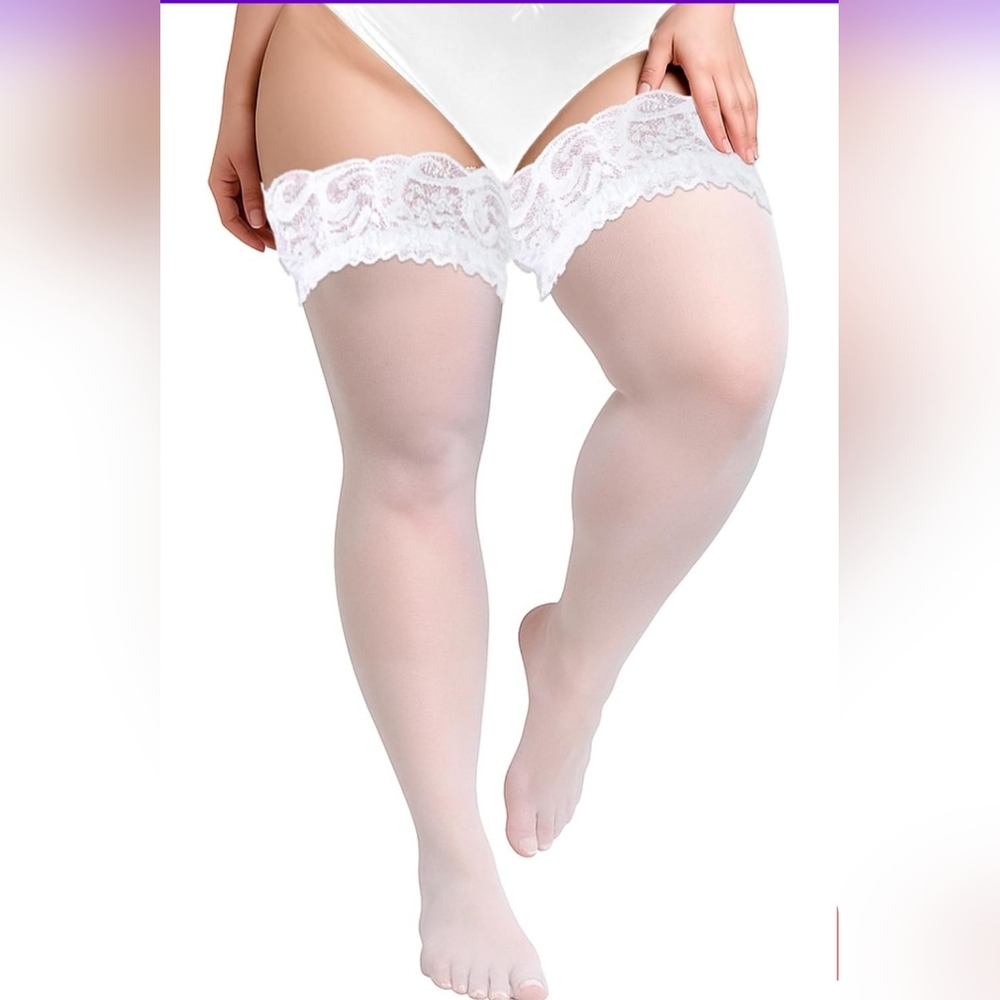 Elegant Plus Size White Lace Top Thigh High Stockings